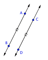 The image shows two parallel lines, Line A B and Line C D. Chevron symbols along each line indicate that the lines are parallel.